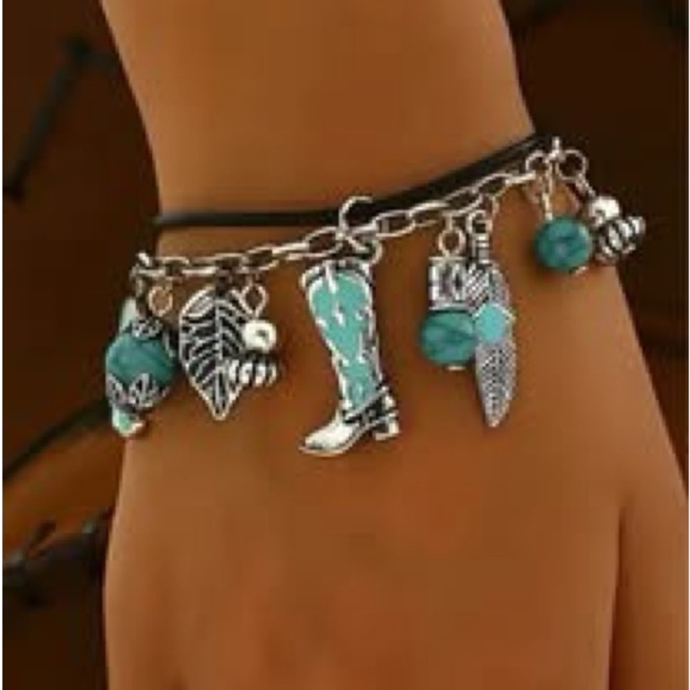 BRACELET COUNTRY GIRL Silver and Turquoise Western Charm Bracelet